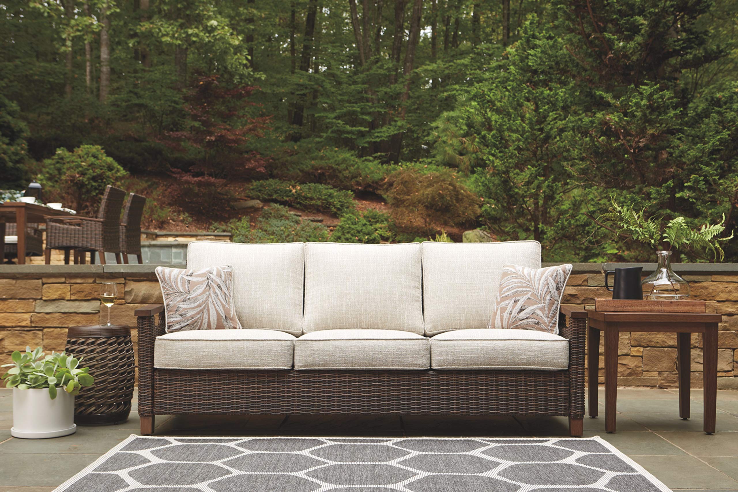 Paradise Trail Outdoor Patio Sofa with Cushion and 2 Pillows, Brown & Beige