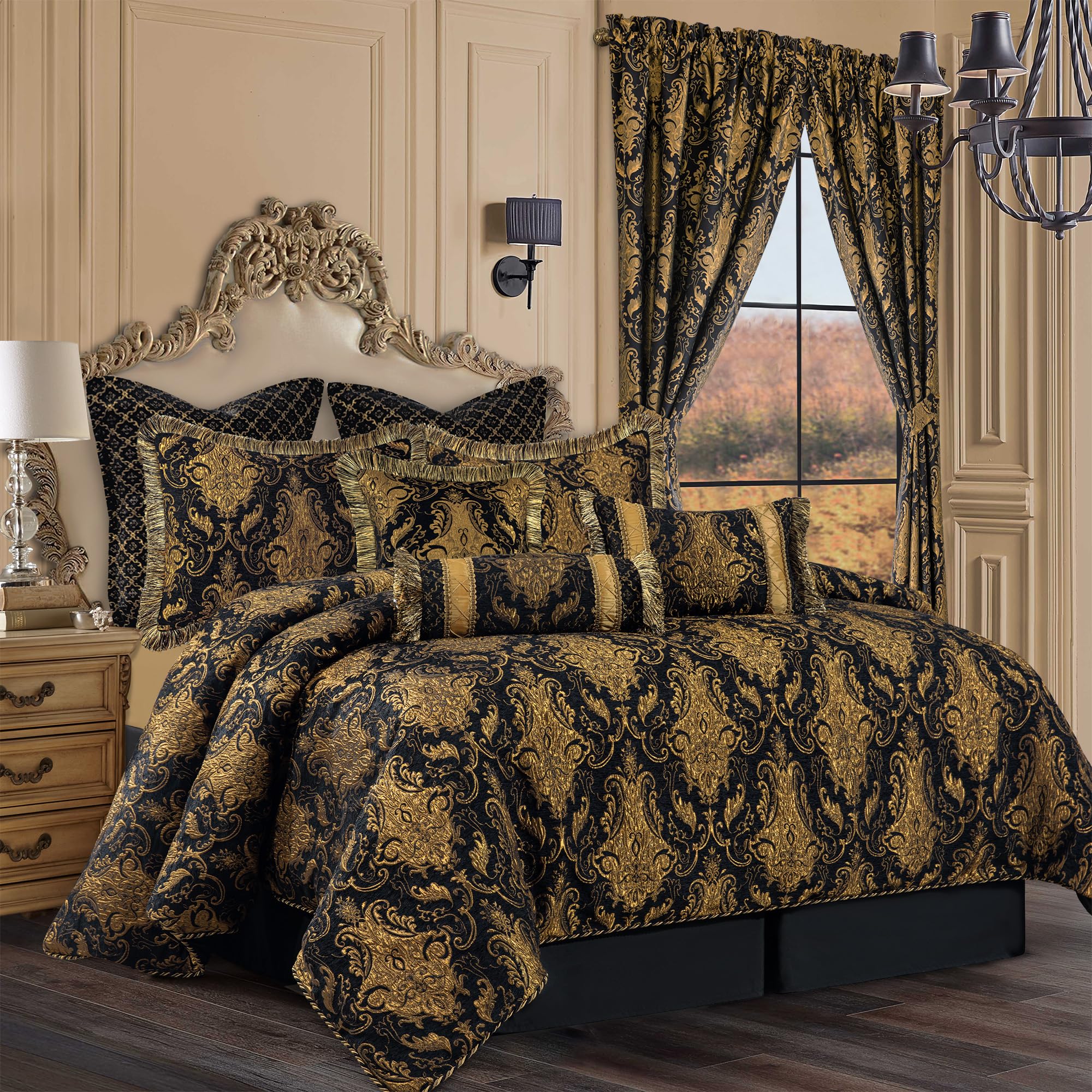 9-Piece Black Damask Jacquard Comforter Set - Queen