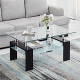 Modern Rectangle Coffee Table, Tempered Glass Center Table with Open Storage Shelf