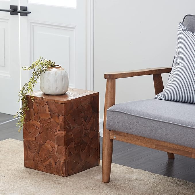 Teak Wood Handmade Side End Accent Table End Table with Mosaic Wood Chip Design