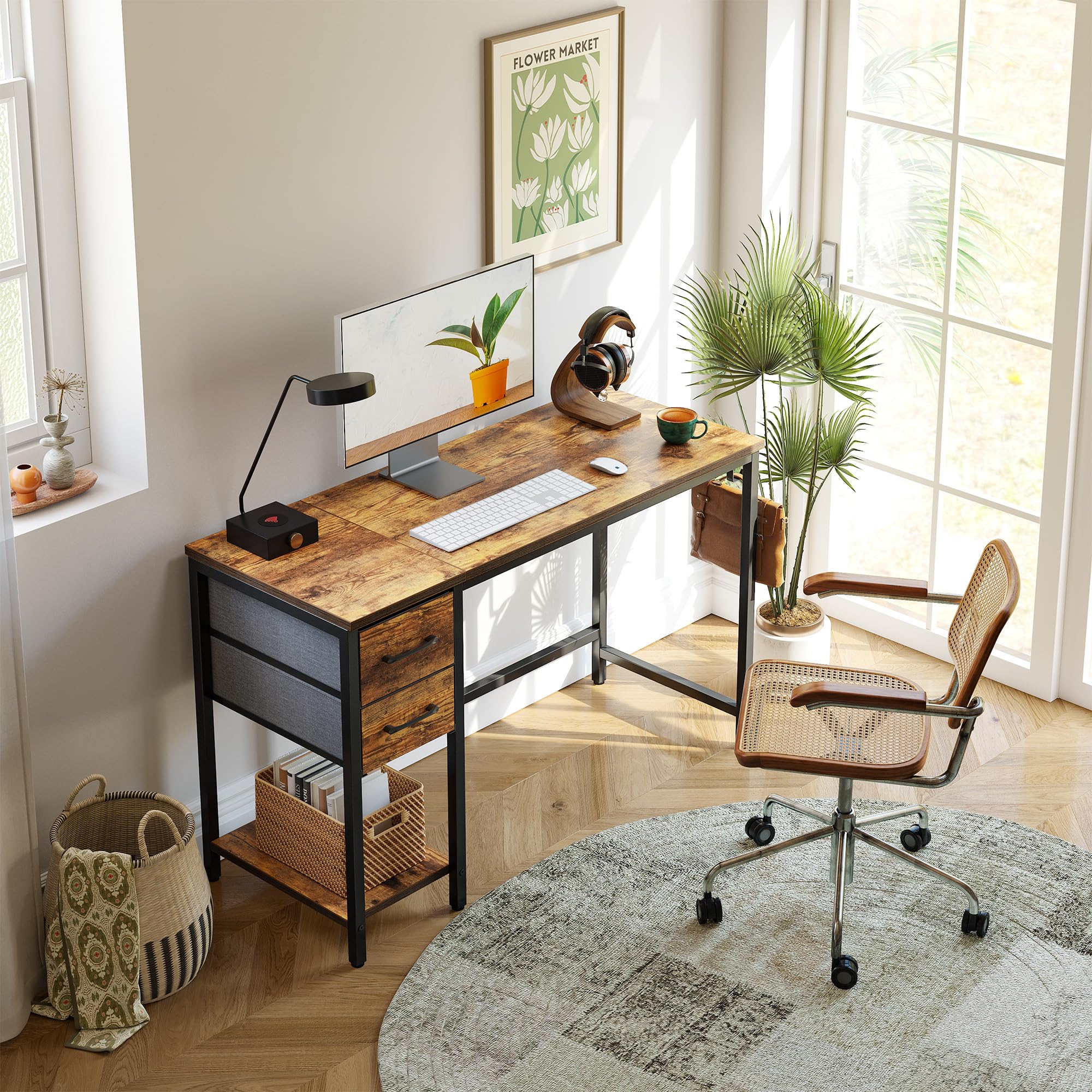 Computer Desk with 2 Drawers, 47 Inch Small Home Office Desk Study Writing Table