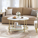 White Marble Round Coffee Table with Glass for Living Room, 2-Tier Circle Coffee Table