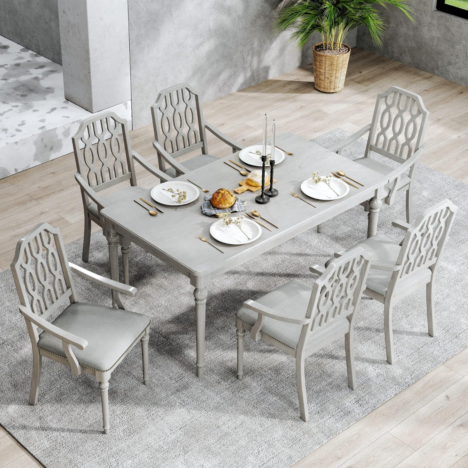 Table for 4-6 People, Rustic Solid Wood Rectangular Kitchen Table with Turned Legs