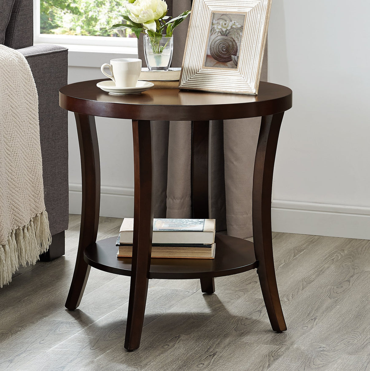 Perth Contemporary Round End Table with Shelf, Espresso