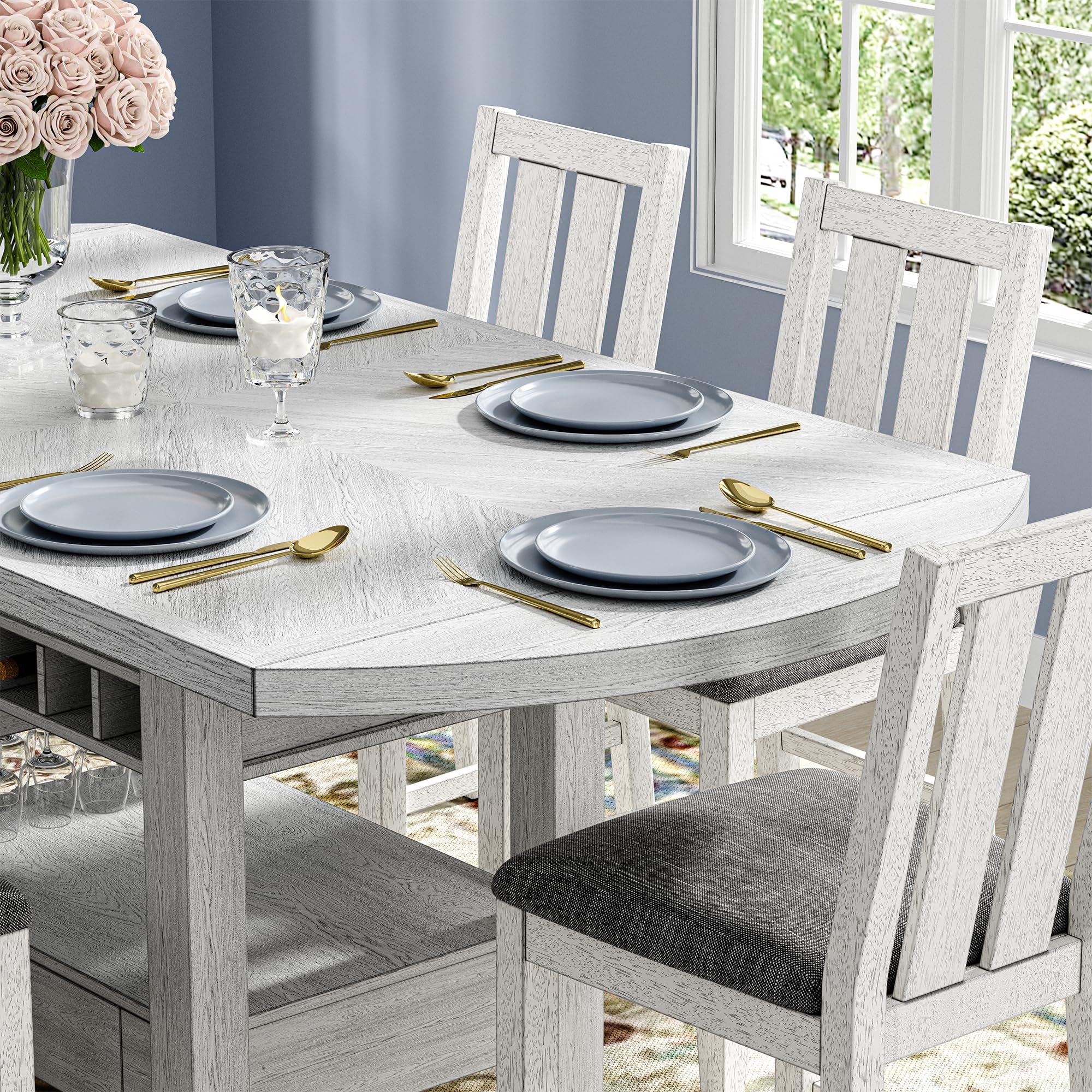 Solid Wood Dining Table Set for 6 with Expandable Drop Leaf