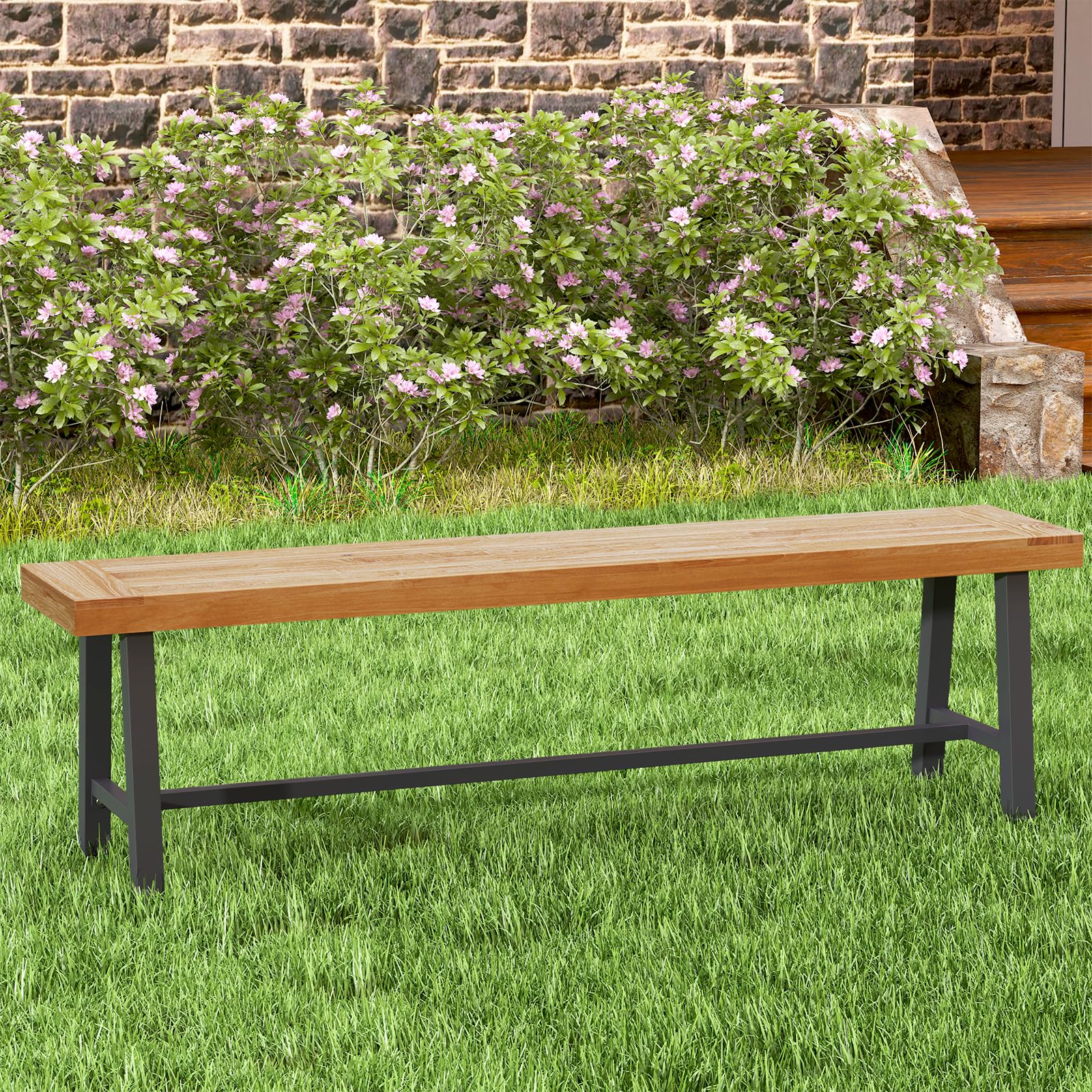 Outdoor Bench Garden Bench Set of 2, 63" Backless Acacia Wood Bench