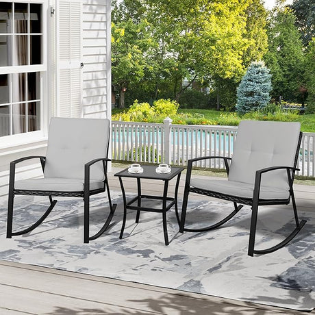 Shintenchi 3 Pieces Rocking Bistro Set Wicker Patio Outdoor Furniture, 2 Rattan Porch Chairs Conversation Sets with Glass Coffee Table (Beige)