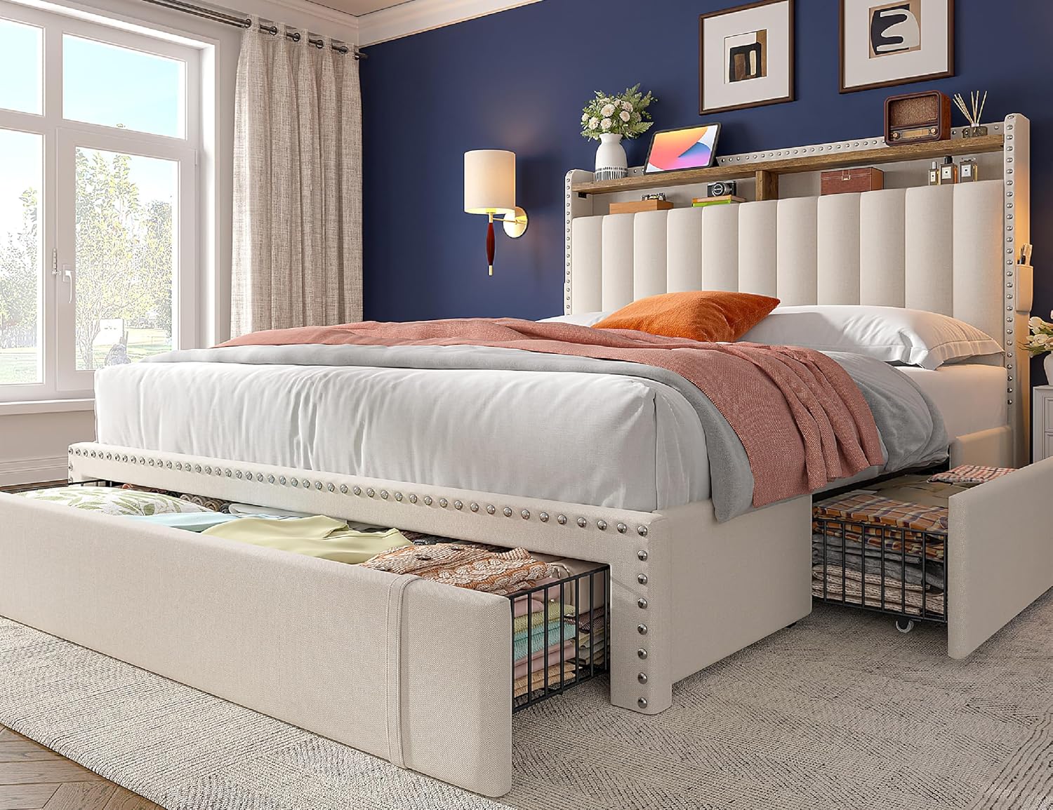 King Size Upholstered Bed Frame with 4 Storage Drawers and Headboard Shelves