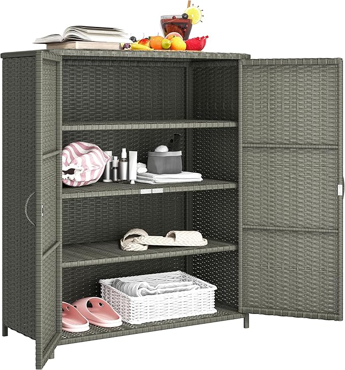 Wicker Outdoor Storage Cabinet with Shelves, 4-Shelf Outdoor Pool Towel Storage