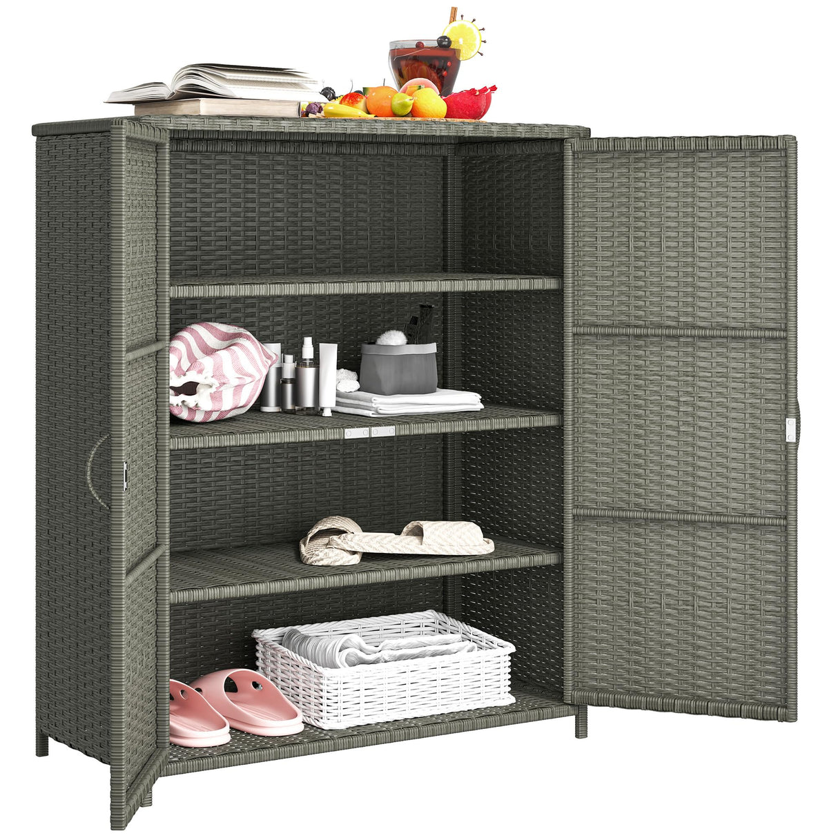 Wicker Outdoor Storage Cabinet with Shelves, 4-Shelf Outdoor Pool Towel Storage