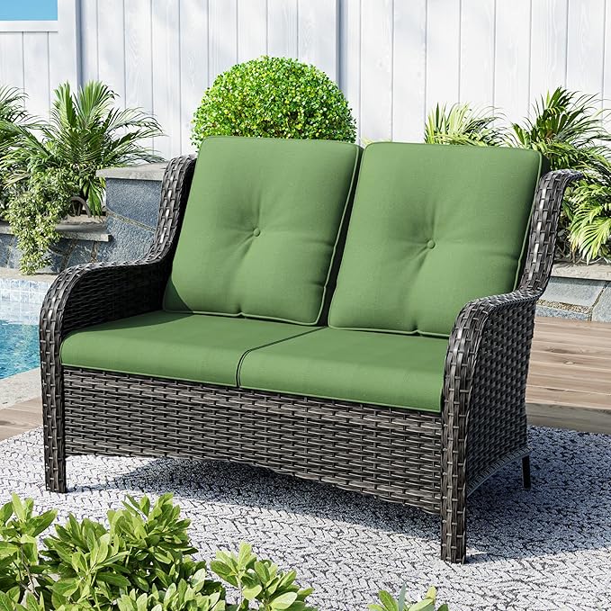 Patio Sofa Wicker 2-Seat Outdoor Couch with Deep Seating, High Back