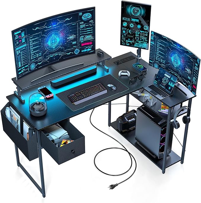 Gaming Desk, 47 inch L Shaped Gaming Desk, Computer Desk with LED Lights & Adjustable Stand, Power Outlets