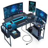 Gaming Desk, 47 inch L Shaped Gaming Desk, Computer Desk with LED Lights & Adjustable Stand, Power Outlets