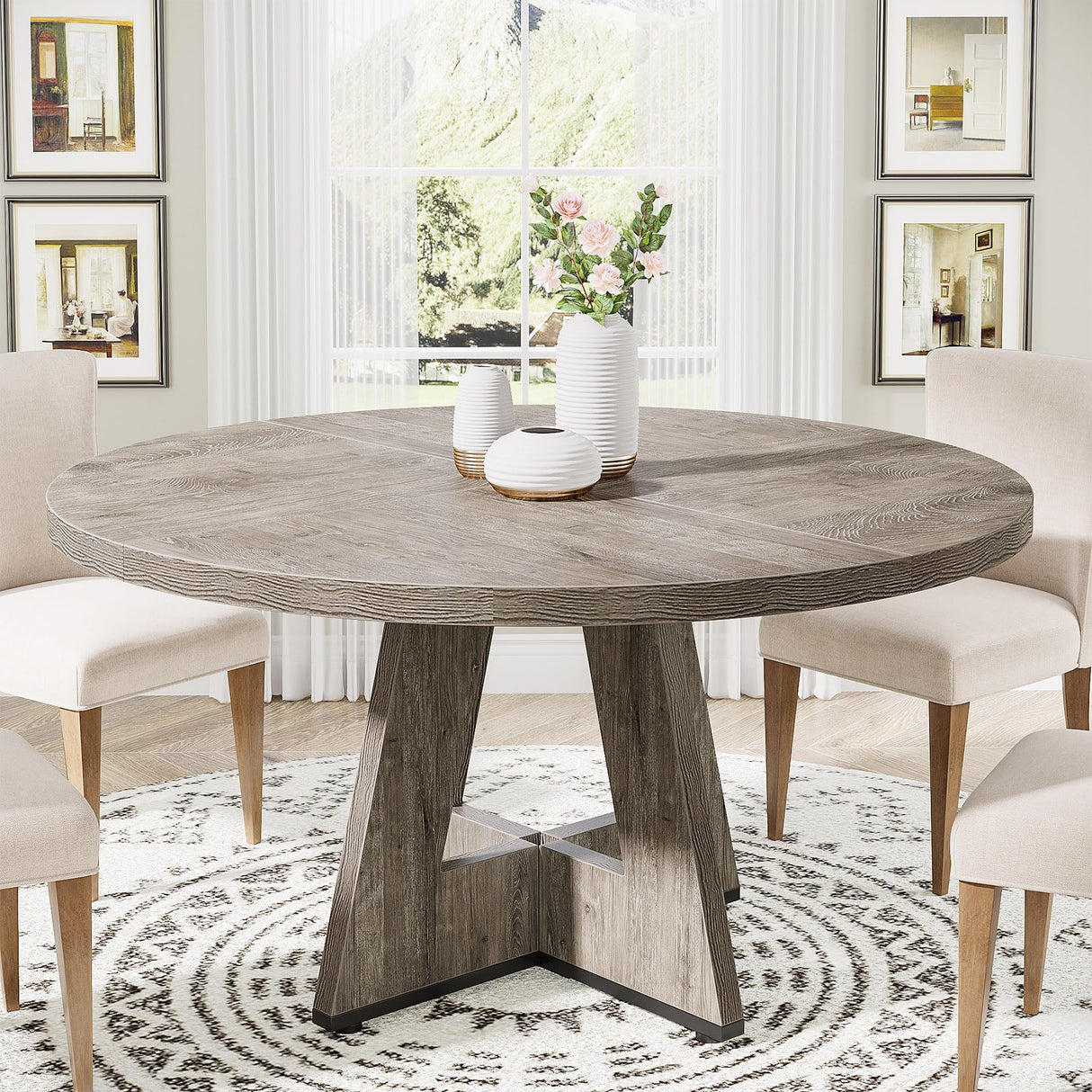 47 Inch Round Dining Table for 4-6 People, Large Kitchen Table, Farmhouse Dining Room Table,