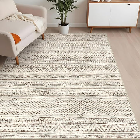 Abstract 8x10 Area Rug: Retro Soft Washable Non-Slip Neutral Area Rugs for Living Room