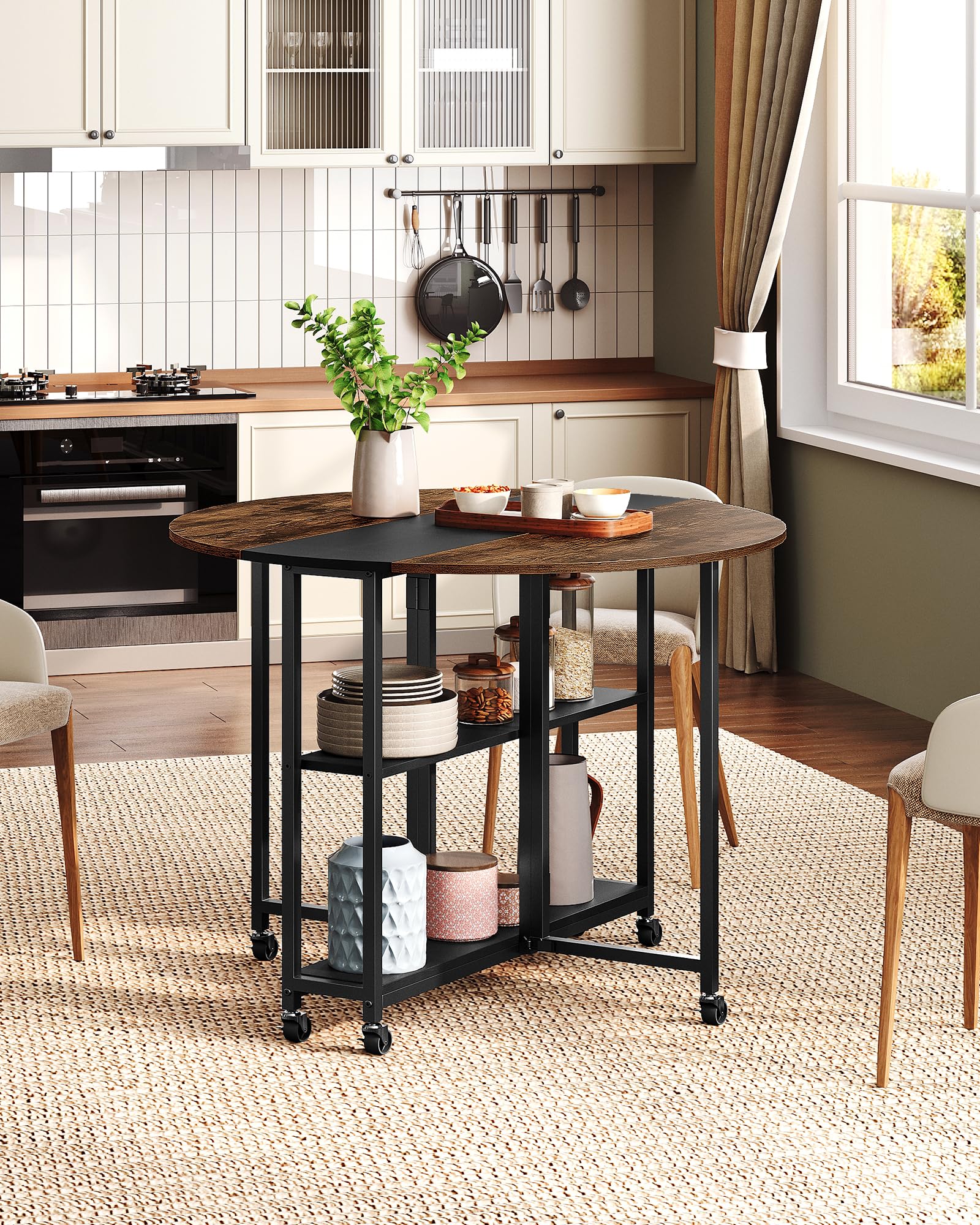 Folding Dining Table with Wheels and Storage Shelf