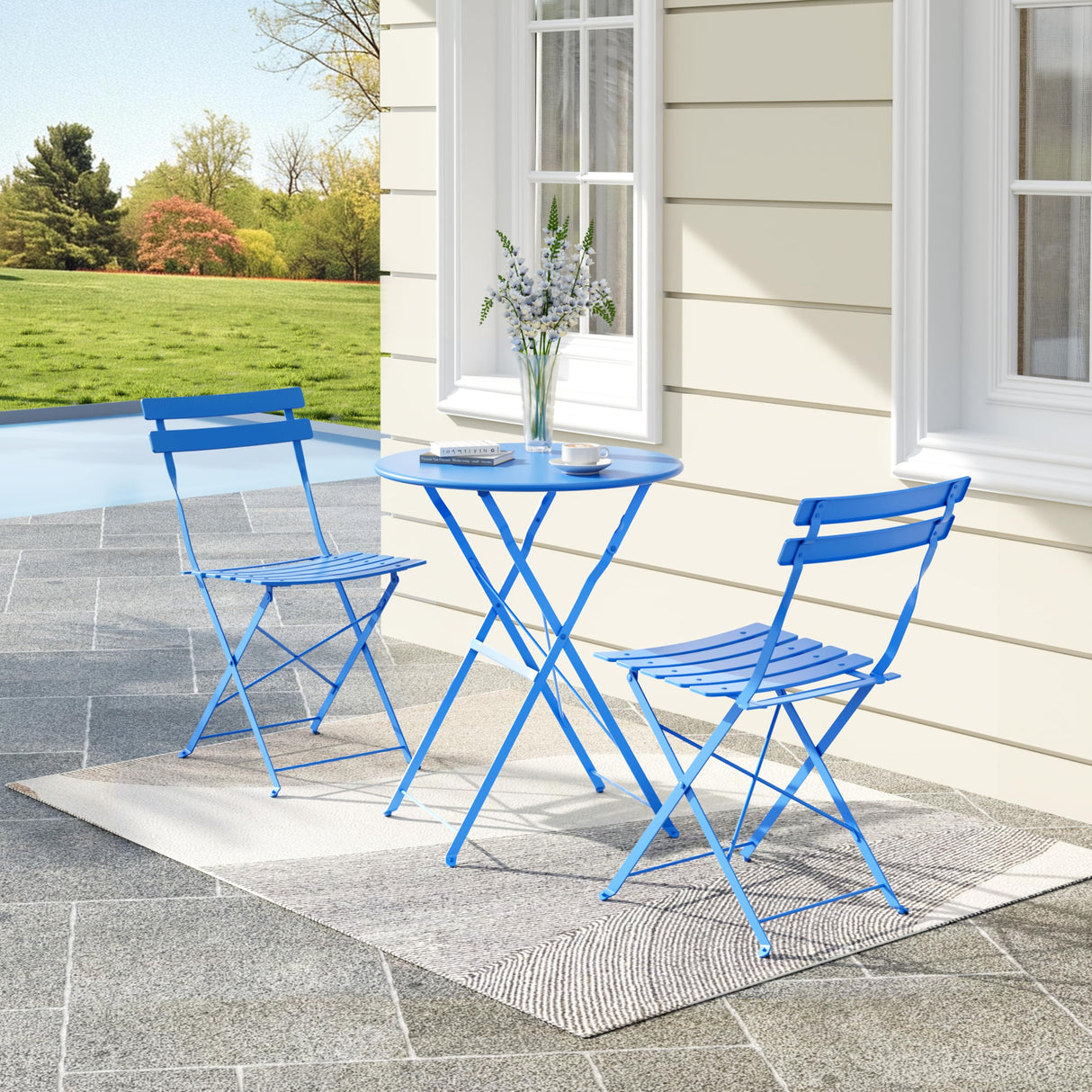 Steel Frame Patio Bistro Set, 3-Piece Outdoor Folding Table and Chairs, Weather Resistant