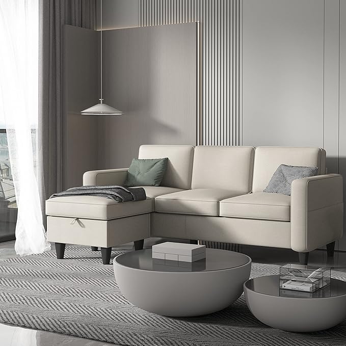 L-Shaped Sectional, Modern Linen Fabric 3-Seat Sofa Couch Furniture Set