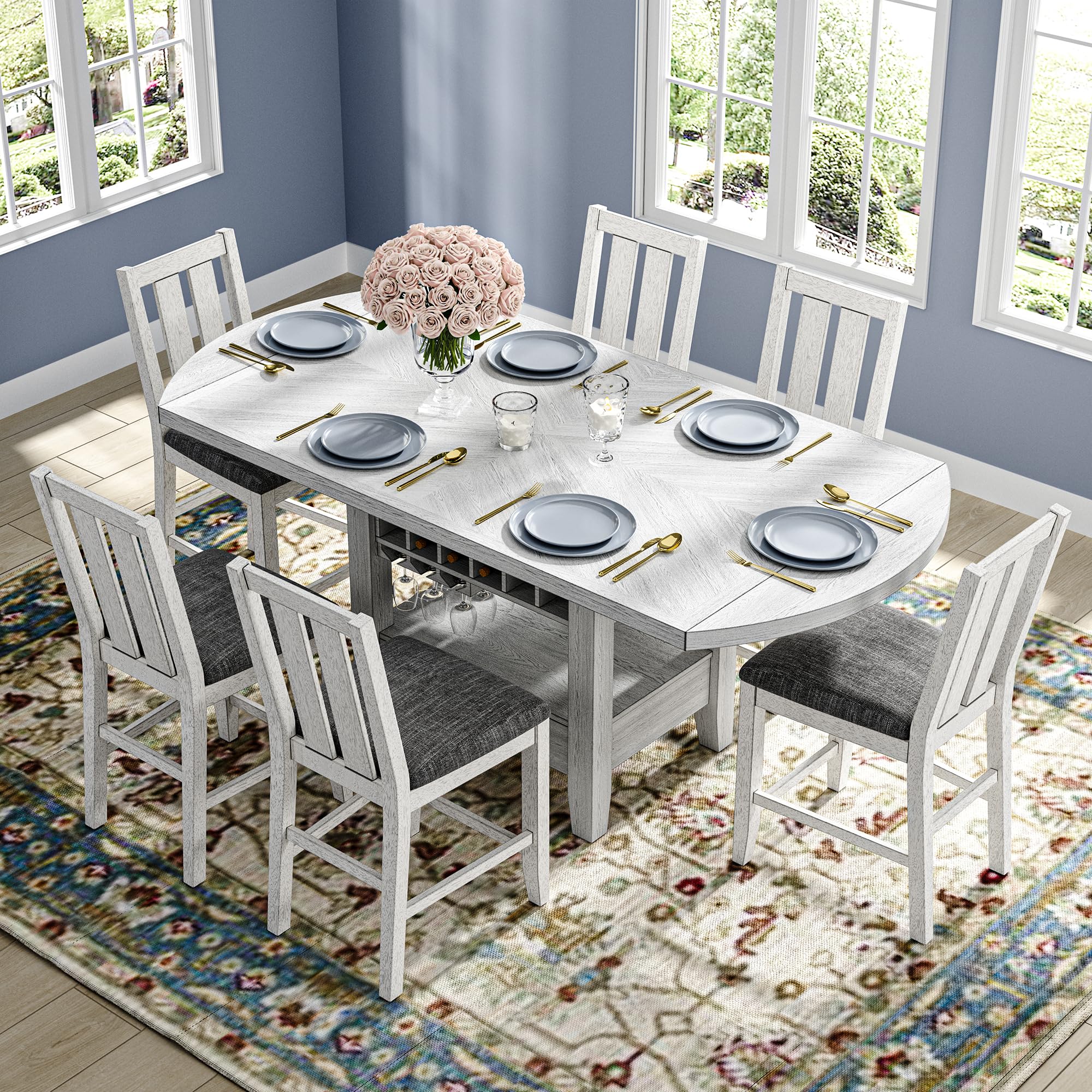 Solid Wood Dining Table Set for 6 with Expandable Drop Leaf