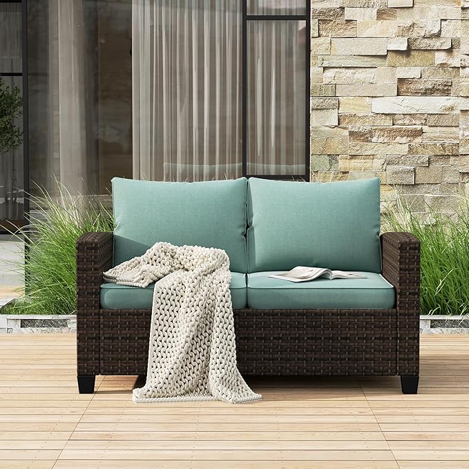 Outdoor Loveseat Patio Sofa, 2-Seat Wicker Couch with 4" Waterproof Thick Cushions