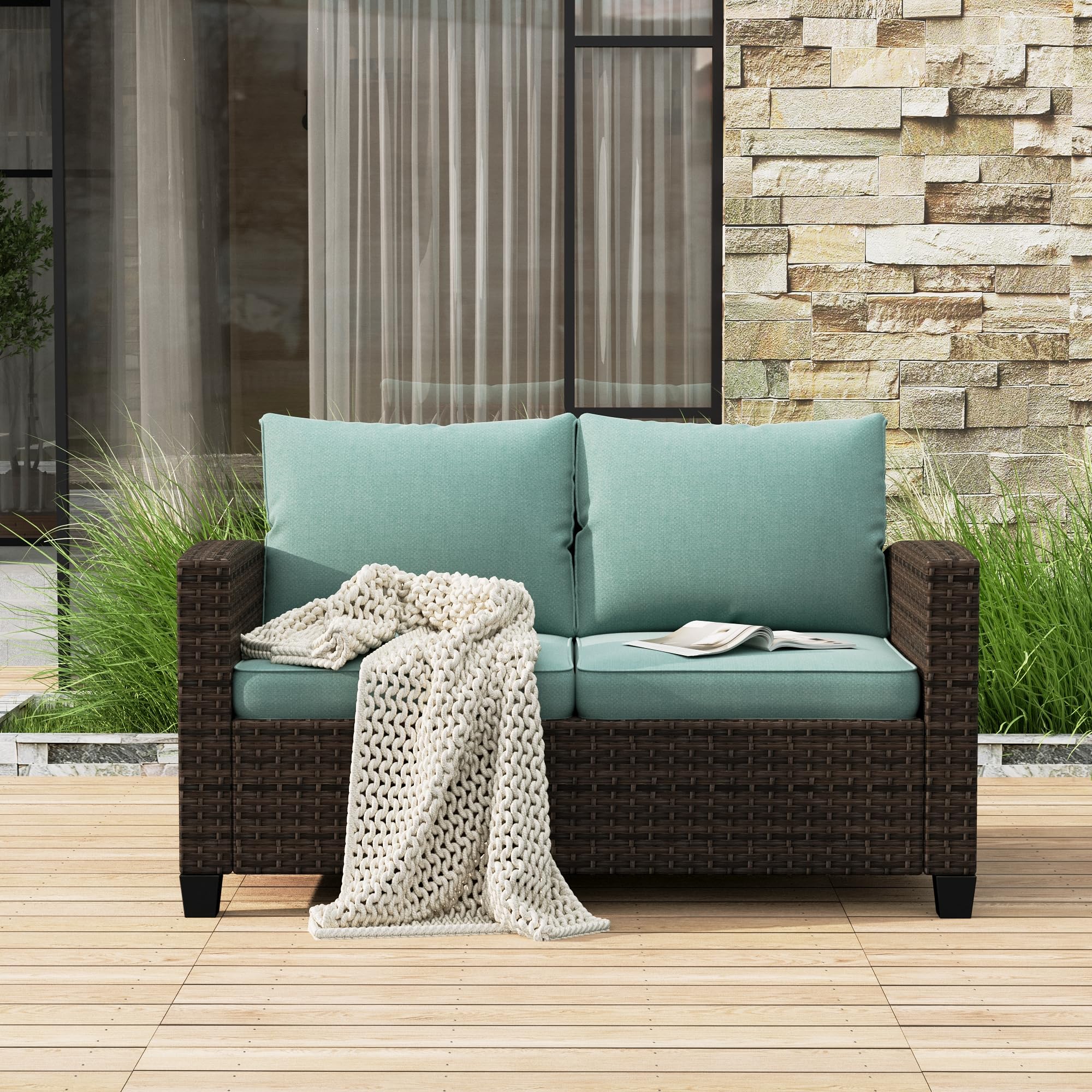 Outdoor Loveseat Patio Sofa, 2-Seat Wicker Couch with 4" Waterproof Thick Cushions