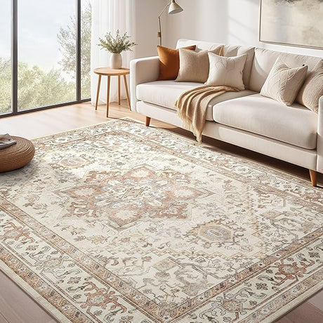 Rug 9x12 Area Rugs: Boho Vintage Distressed Oriental Medallion Neutral Thin Large Rug