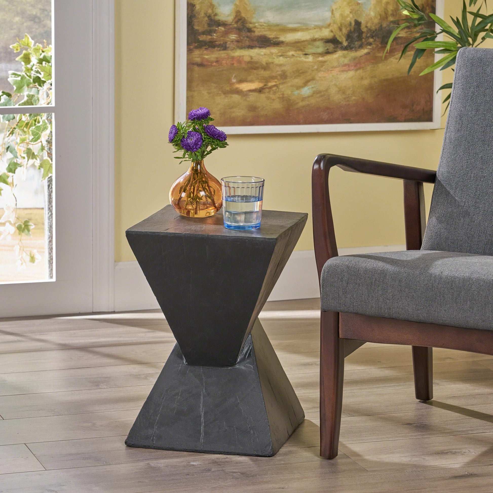 Lightweight Concrete Accent Table, Modern Hourglass Shaped End Table, Geometric End Tables for Living Room Decor, Outdoor Indoor Small Side Tables for Patio Garden Balcony Porch, Black - Bircata