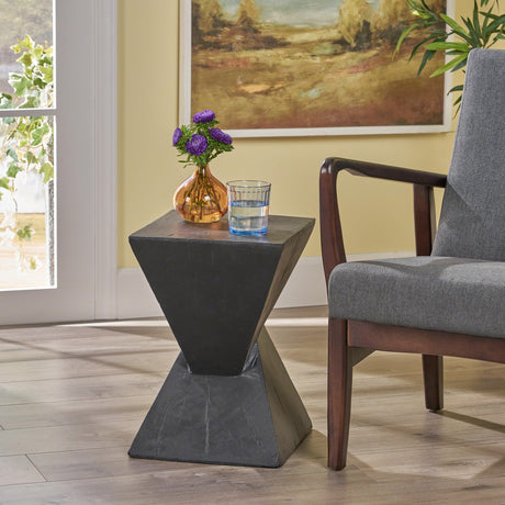 Lightweight Concrete Accent Table, Modern Hourglass Shaped End Table, Geometric End Tables for Living Room Decor, Outdoor Indoor Small Side Tables for Patio Garden Balcony Porch, Black - Bircata