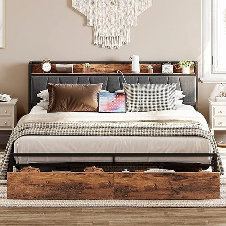 King Size Bed Frame, Storage Headboard with Charging Station