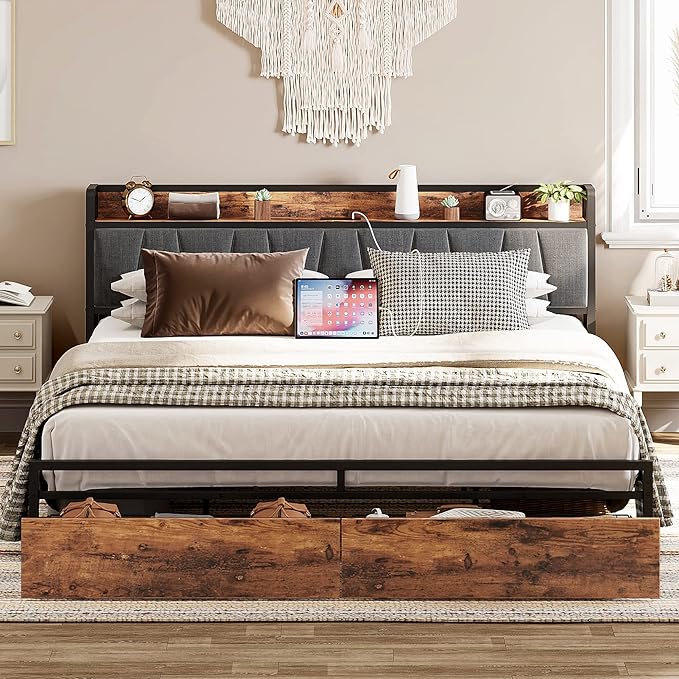 Queen Bed Frame, Storage Headboard with Charging Station, Platform Bed with Drawers,