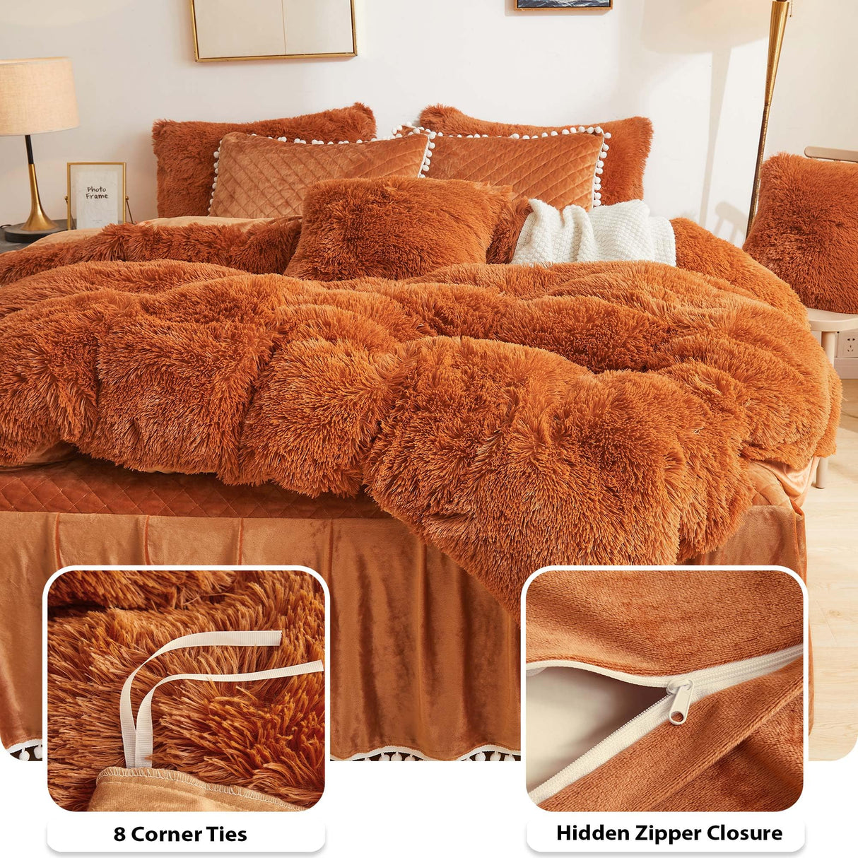 Terracotta Plush Shaggy Duvet Cover Set, Soft Velvet Fluffy Comforter Quilt Cover Bedding Set(1 Faux Fur Fuzzy Duvet Cover + 2 Pompoms Pillow Cases), Zipper Closure(King, Burnt Orange)