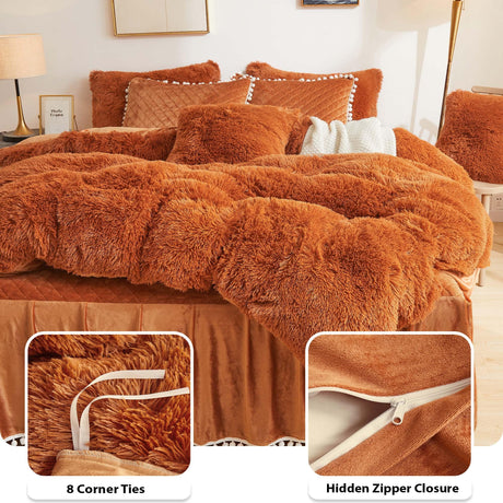 Terracotta Plush Shaggy Duvet Cover Set, Soft Velvet Fluffy Comforter Quilt Cover Bedding Set(1 Faux Fur Fuzzy Duvet Cover + 2 Pompoms Pillow Cases), Zipper Closure(King, Burnt Orange)