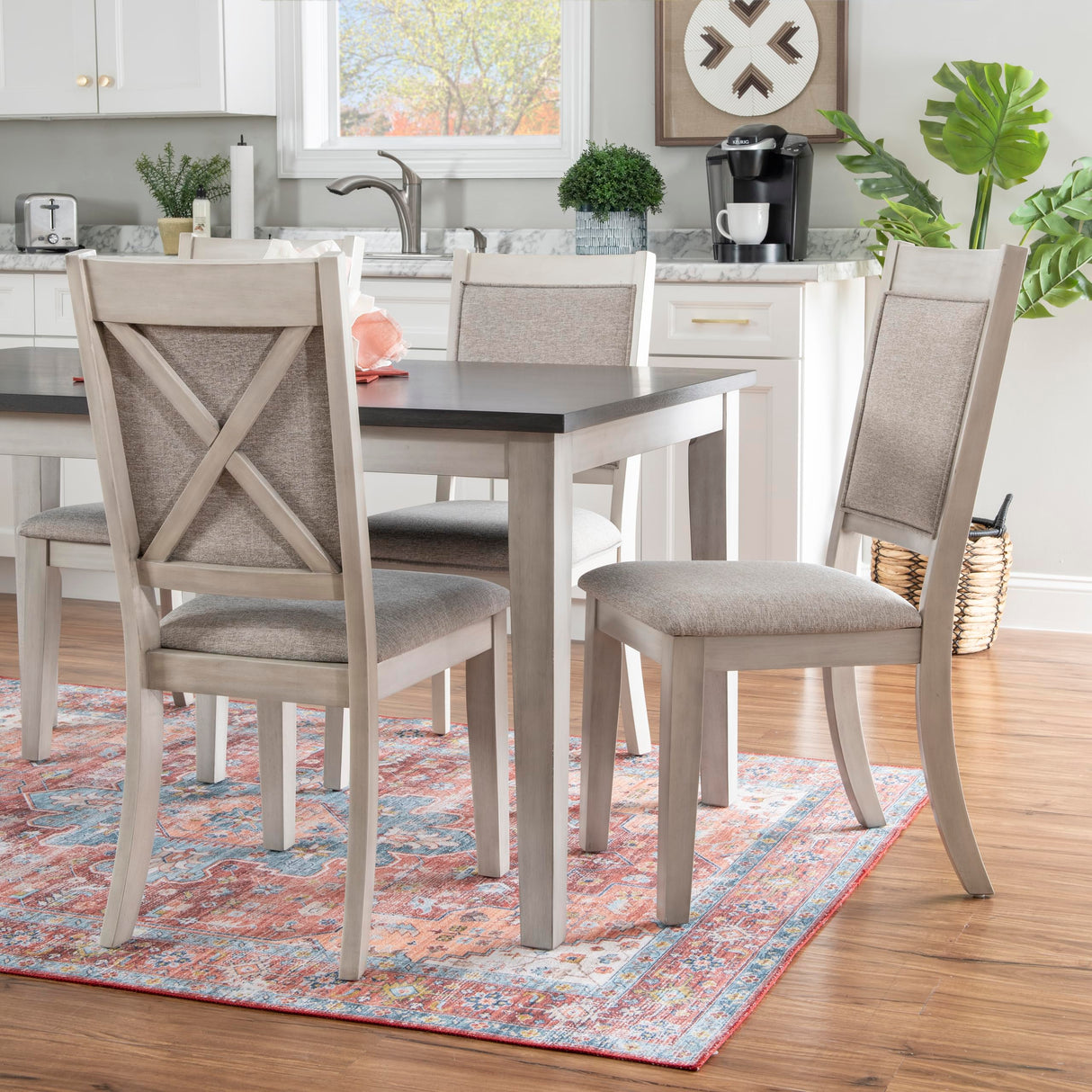 White and Dark Grey Sibley Seven Piece Dining Set with Beige Speckled Upholstery