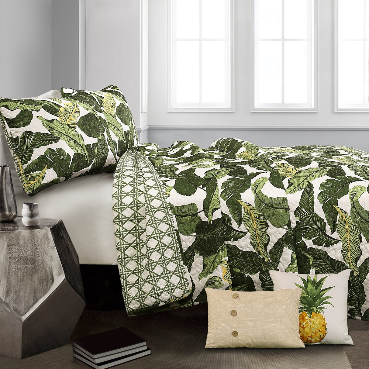 16T002392 Green Tropical Paradise Quilt-Leaf Palm Rainforest Reversible 5 Piece Bedding