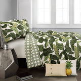 16T002392 Green Tropical Paradise Quilt-Leaf Palm Rainforest Reversible 5 Piece Bedding