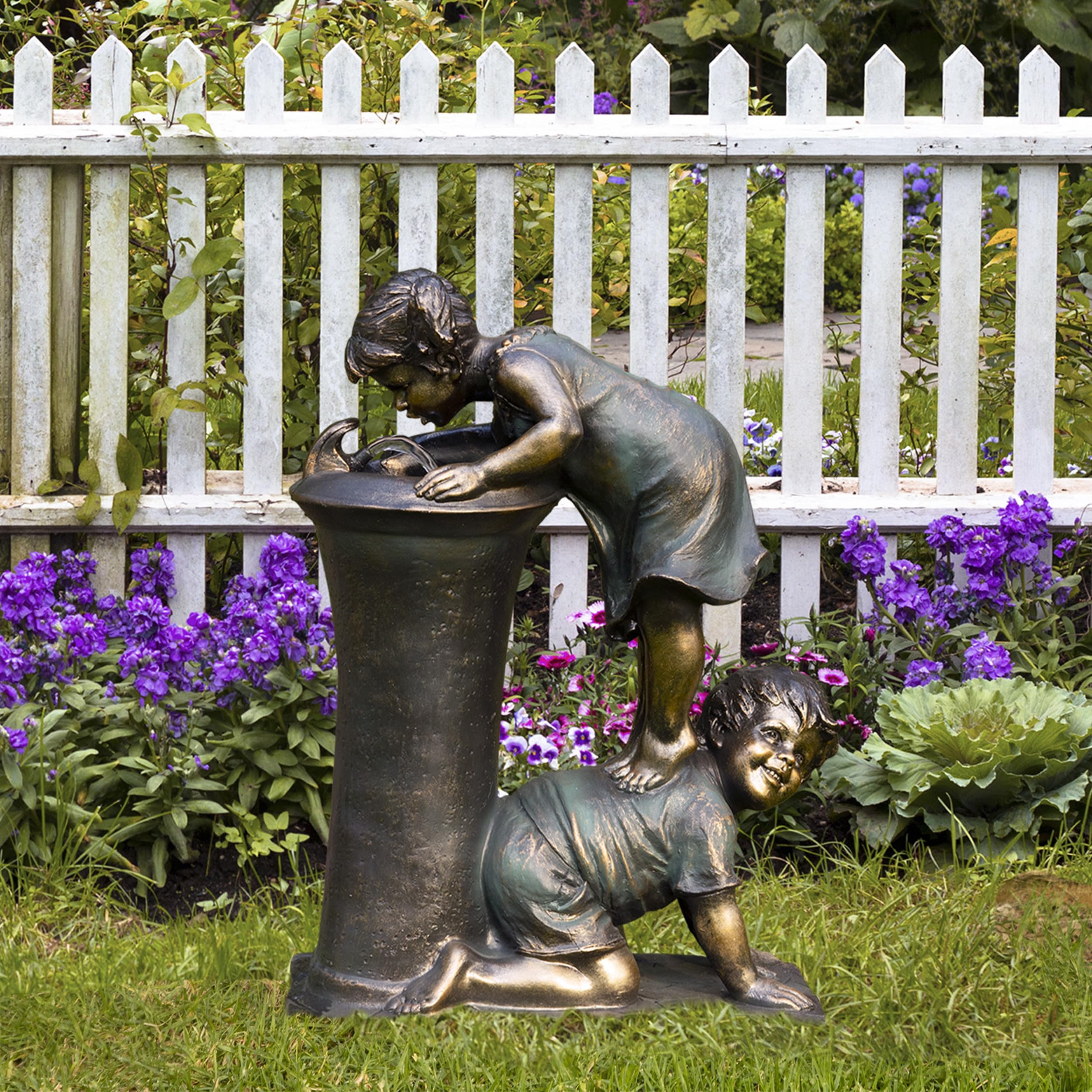 GXT472 27" Outdoor Floor Joyful Boy and Girl Drinking Water Fountain, Playful Garden