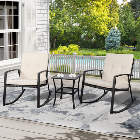 Shintenchi 3 Pieces Rocking Bistro Set Wicker Patio Outdoor Furniture, 2 Rattan Porch Chairs Conversation Sets with Glass Coffee Table (Beige)
