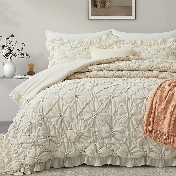 King Size Comforter Sets, White Bedding Comforter Set, 3 Pieces Pinch Pleat Bedding Sets
