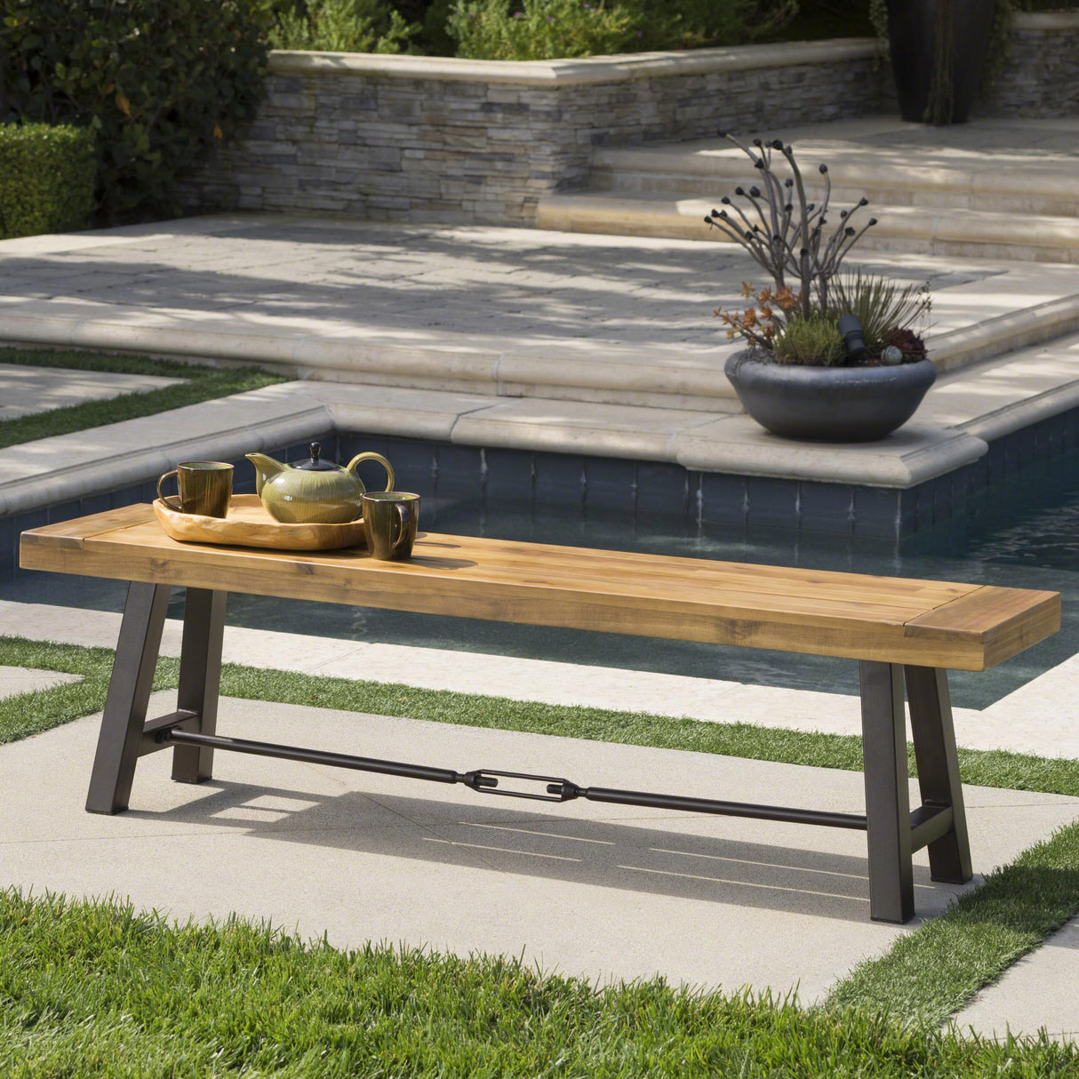 Catriona Outdoor Acacia Wood Bench with Metal Accents, Teak Finish / Rustic Metal 14. 50 x 63 x 17. 75 inches