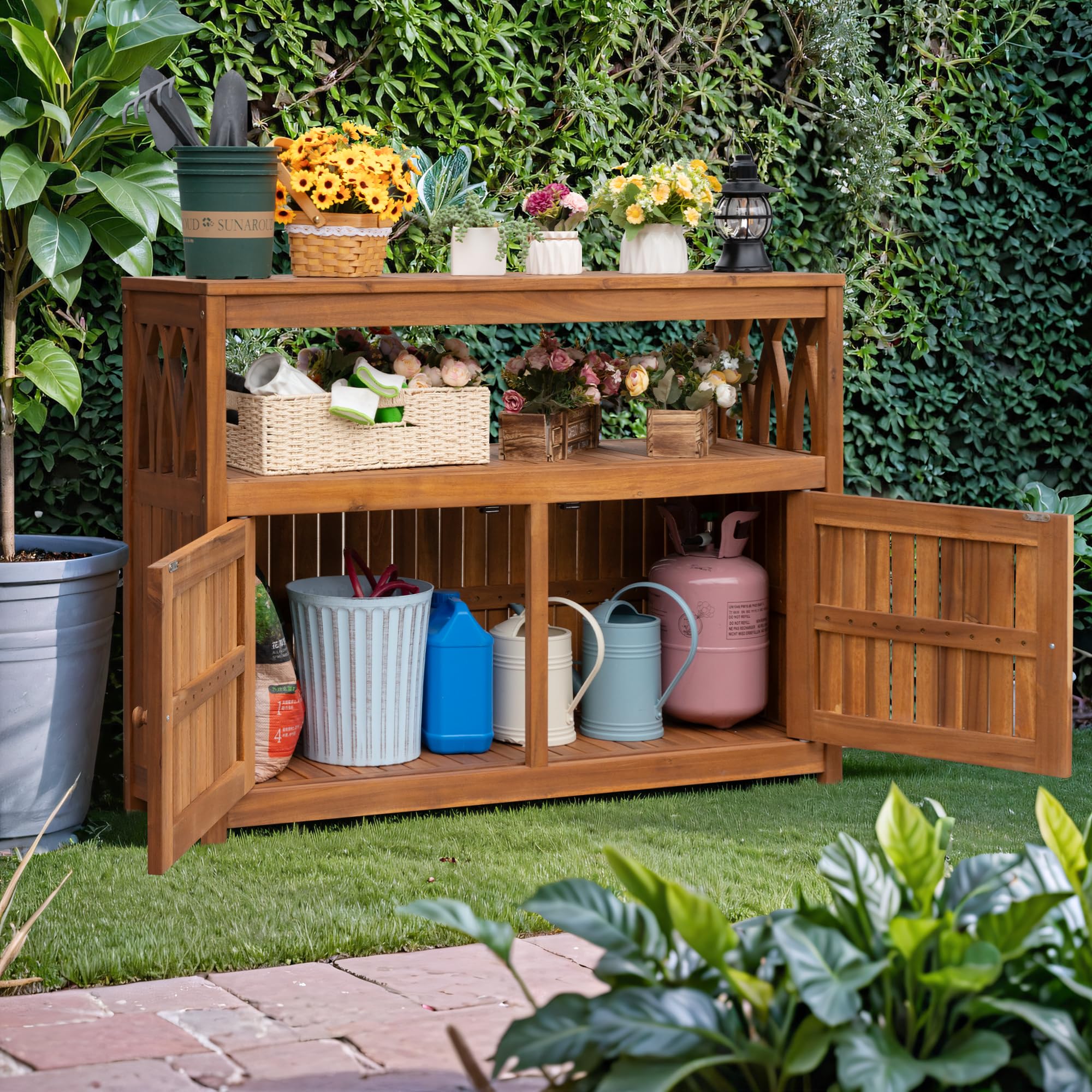 2-Tier Outdoor Storage Cabinet in Acacia Wood, with 2 Magnetic Doors, for Garden