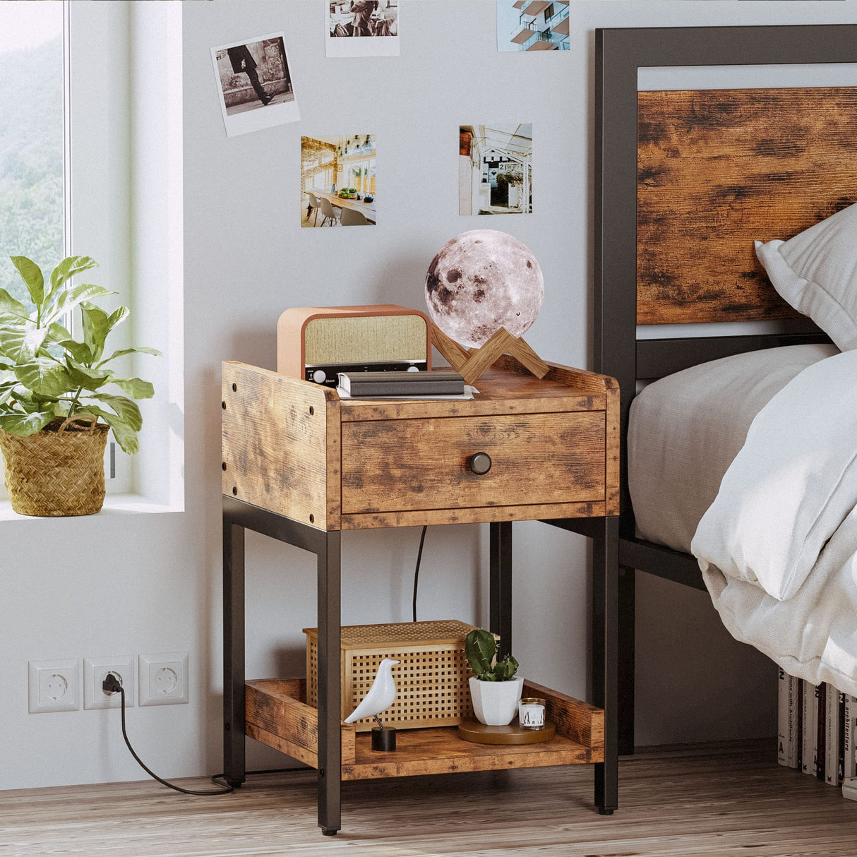 Nightstand, Bedside Table with Charging Station, Small End Table with Storage Drawer