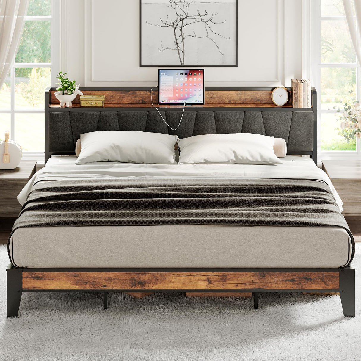 King Size Bed Frame, Storage Headboard with Charging Station, Solid and Stable