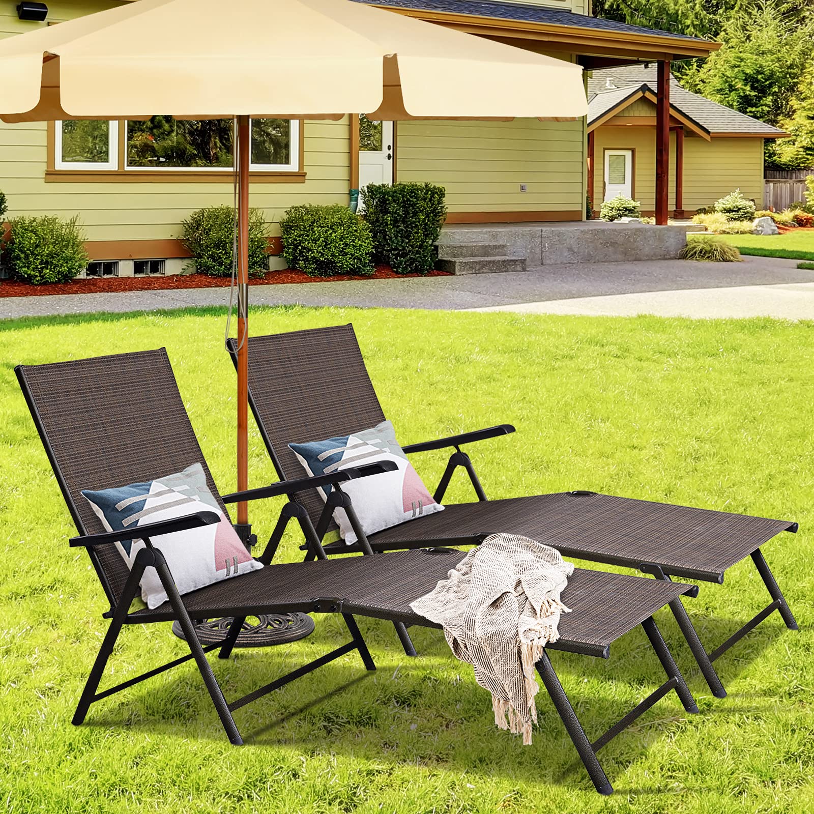 Set of 2 Patio Adjustable Chaise, 5 Back & 2 Leg Positions Outdoor Reclining Lounger Chairs