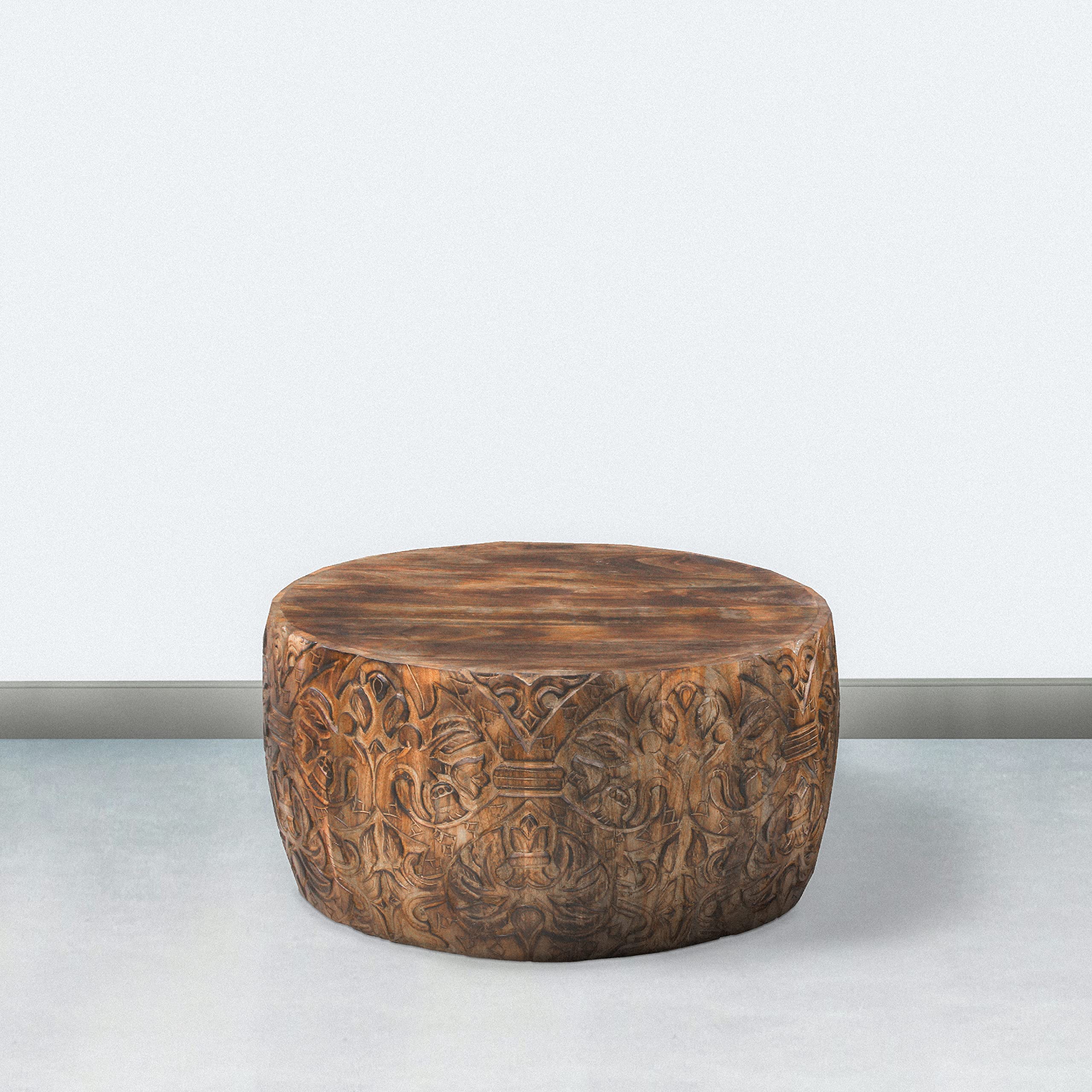 34-Inch Round Coffee Table with Damask Carved Pattern and Wooden Frame