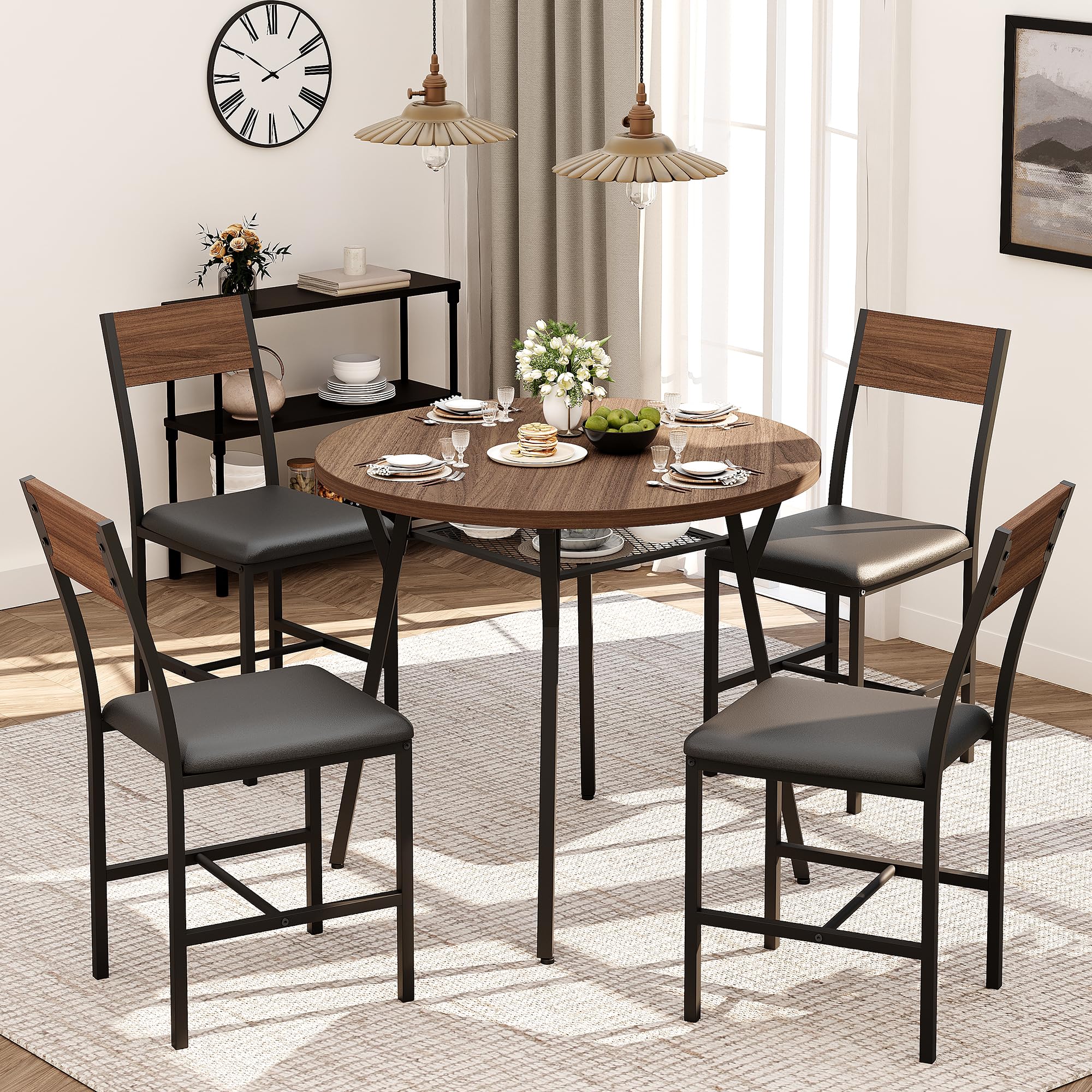 Round Dining Table Set for 4 with Pedestal Base - Walnut