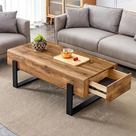 Rectangle Rustic Coffee Table, Modern Farmhouse Wood Simple Coffee Table