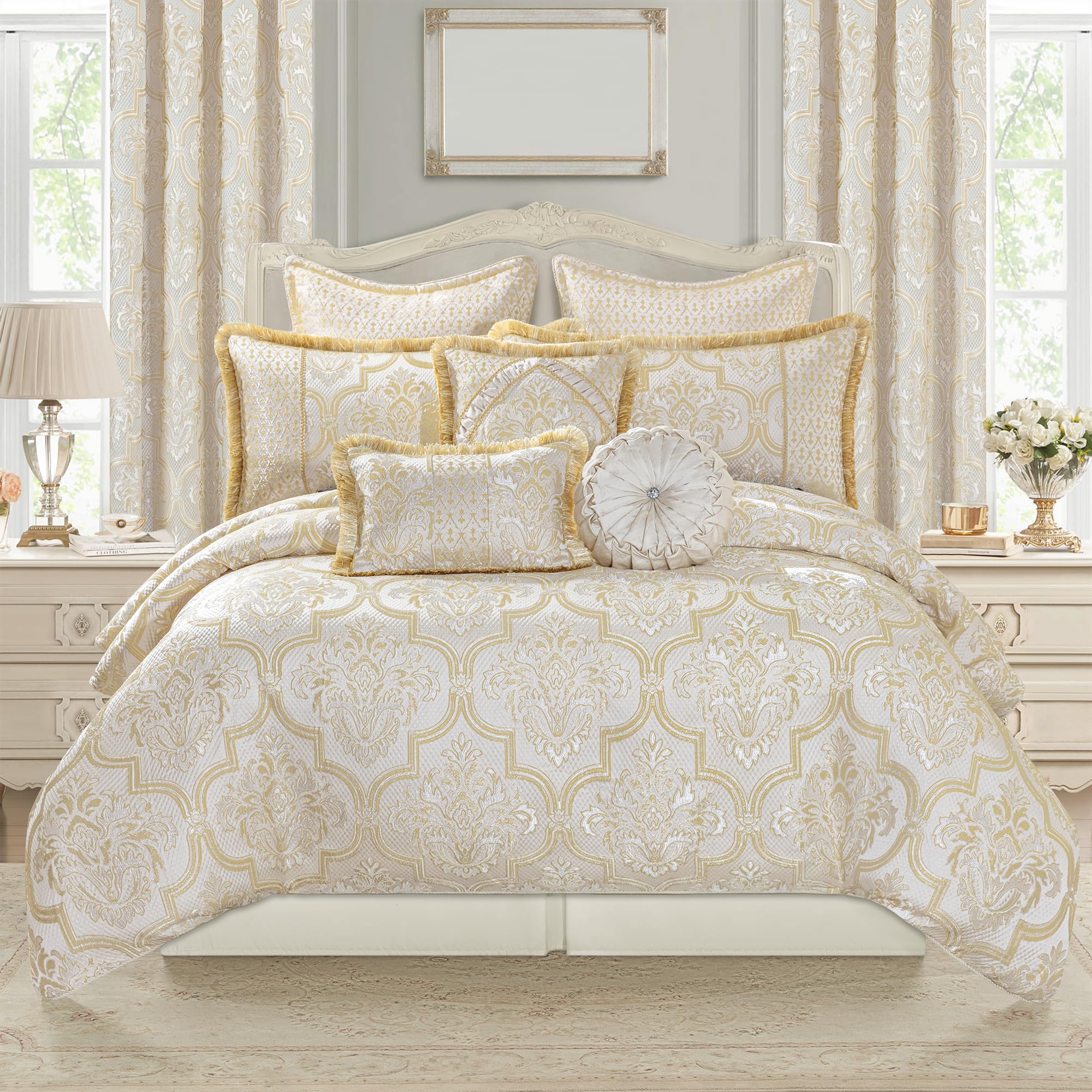9-Piece Damask Floral Comforter Set - Queen Size Jacquard Bedding with Bed Skirt & Shams