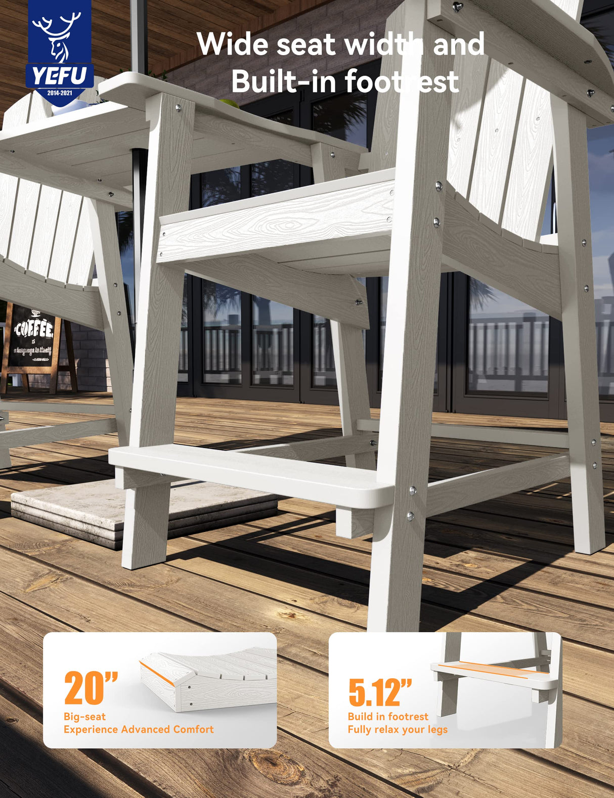 Balcony Chair, Tall Adirondack Chair Set of 2 with Connecting Tray,