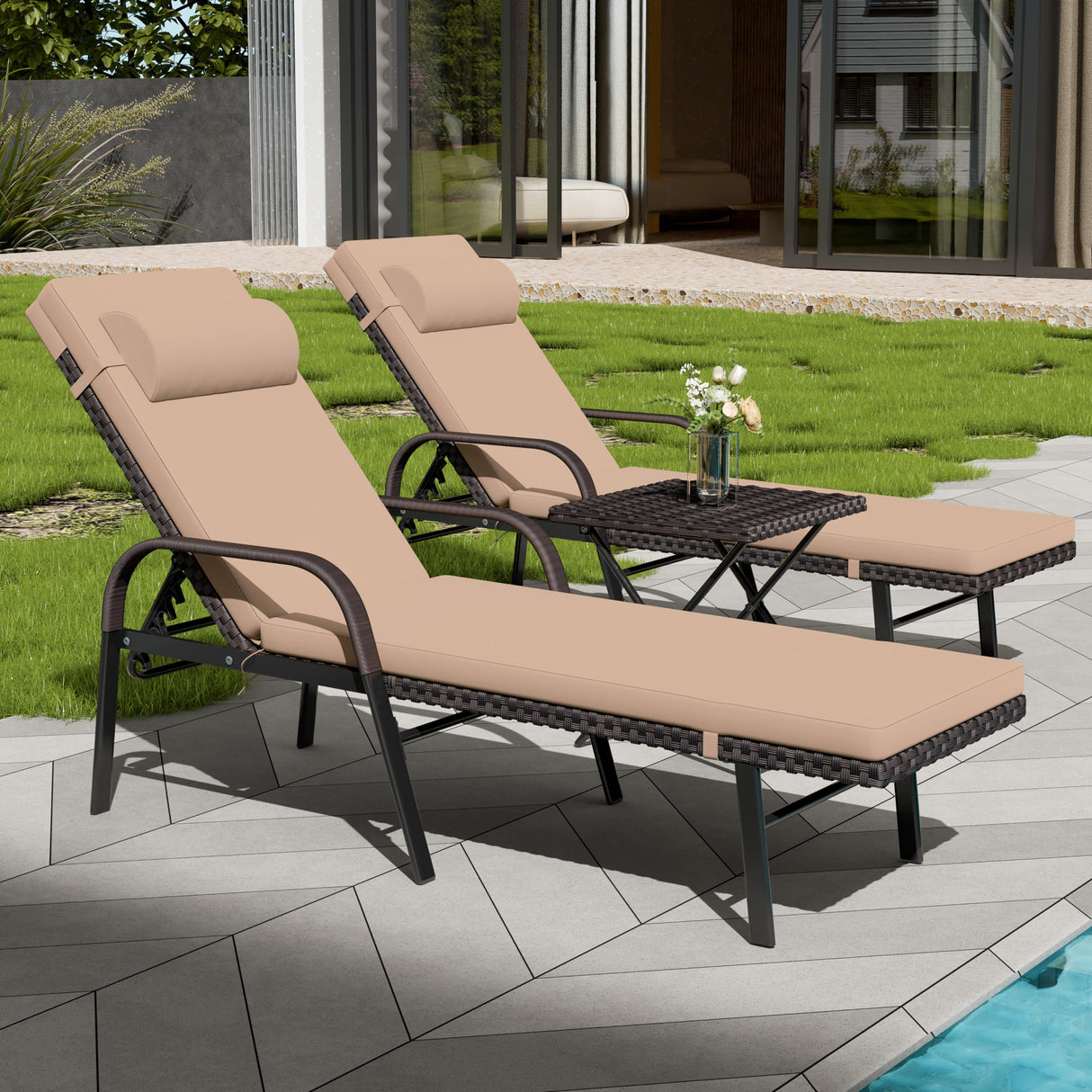 Patio Chaise Lounge Set 3 Pieces Outdoor Lounge Chair with Rattan Adjustable Backrest