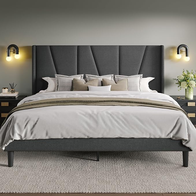 Queen Size Platform Bed Frame with Geometric Wingback Headboard, Modern Upholstered Bed with Wooden Slats Support, No Box Spring Needed, Easy Assembly, Beige